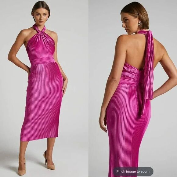 Showpo. Marlette Midi Dress - Pleated Open Back Halter Dress in Grape US 8 NWT $ - Picture 1 of 9